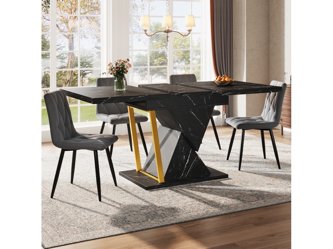 Mesa De Comedor Con Tapa Negra, Extensible Hasta 140 Cm, Perfecta Para 6 Personas, Ideal Para Salas De Comedor Y Cocinas.