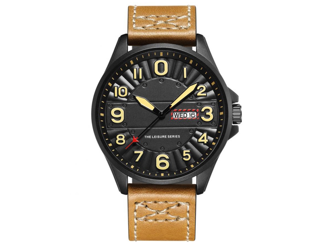 Reloj De Pulsera Impermeable De Piel Sintética Para Hombre Con Doble Calendario, Estilo Casual Y Moderno (negro/caqui)