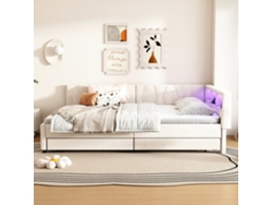 Cama de Día 140x200 cm, Sofá-Cama, Estantería, USB+Tipo C, Control Remoto Luz LED, 2 Cajones, Somier (Sin Colchón) – Beige