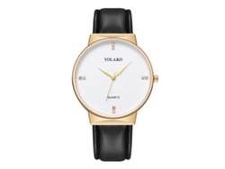 Reloj De Pulsera Unisex De Cuarzo Yolako Con Correa De Pu Negra Y Caja Dorada