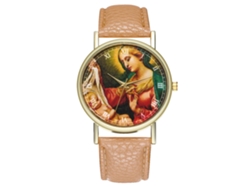 Reloj De Pulsera Unisex De Cuarzo Con Correa De Pu, Figura Estampada Y Esfera Redonda Beige.