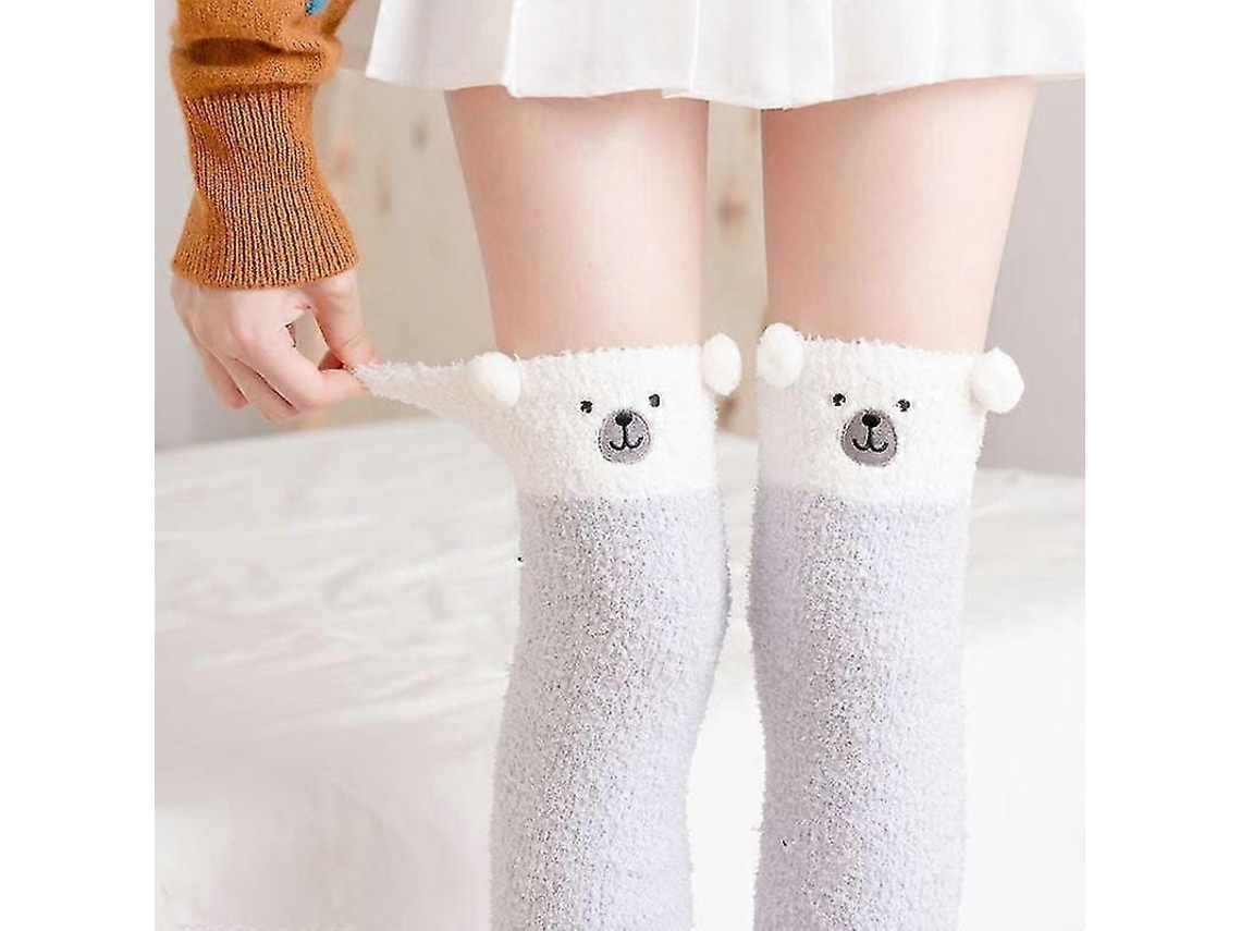 Calcetines suaves de lana coral hasta la rodilla, ideales para el invierno, para niñas y mujeres. Calcetines de rayas con estampados de animales, pelusas y dibujos animados.