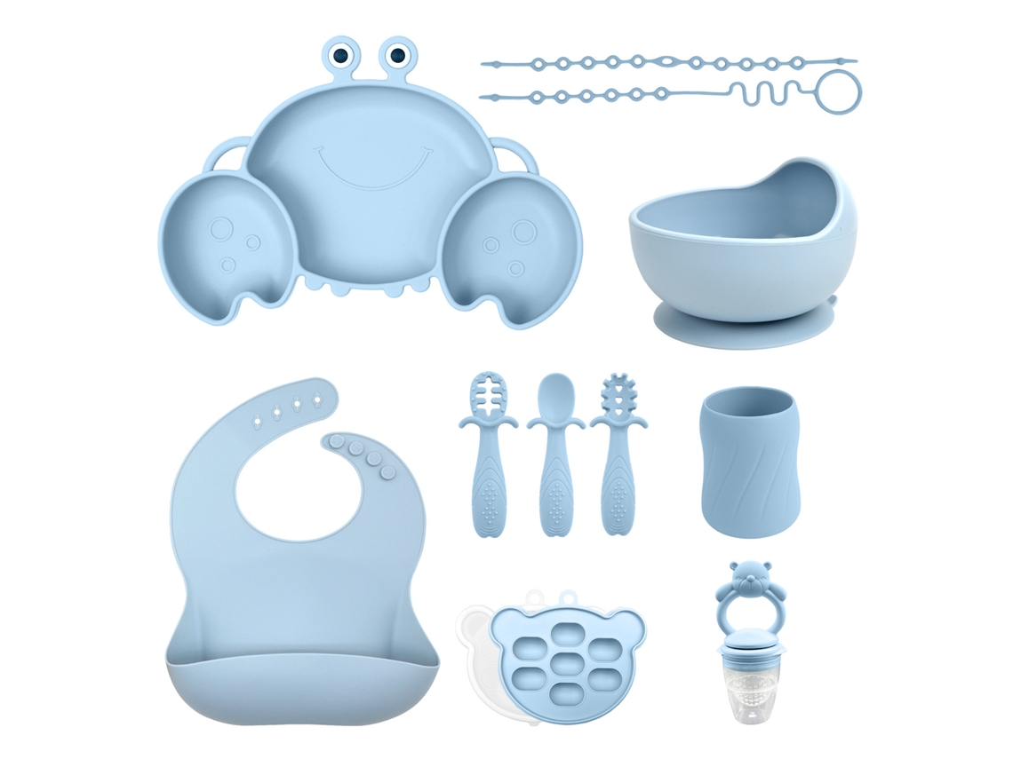 Set De Cubiertos Bebé Chrui 6+ Meses Plato Cangrejo + Vaso Babero 11 Piezas (azul)