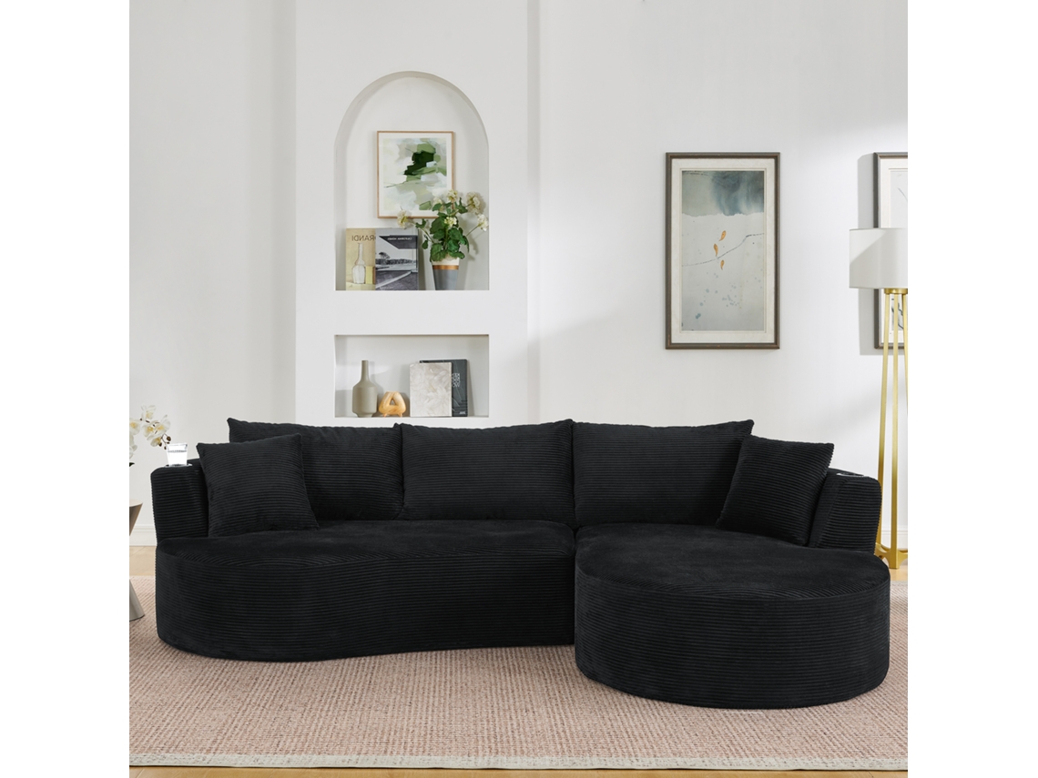 Sofá 3 Plazas Con Chaise Longue Derecha, Terciopelo Acanalado, Porta Vasos, Cojines Incluidos, Comprimido Al Vacío, Negro