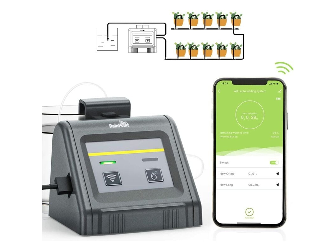 Sistema de riego automático con wifi para plantas de interior en macetas, riego por goteo casero, control remoto mediante app.