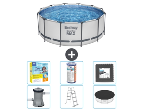 Piscina BESTWAY Round Steel Pro MAX - 366 x 122 cm - Gris - Incluida bomba - Escalera - Cobertor Paquete de mantenimiento - Filtrar - Baldosas