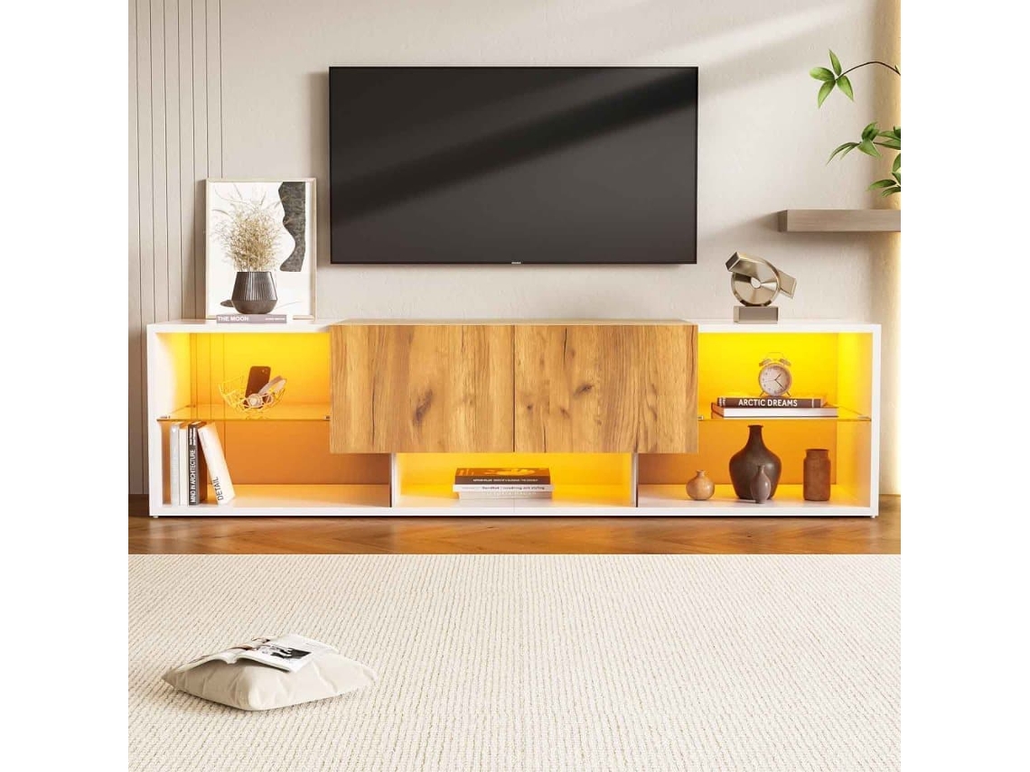 Mueble Tv 3 Niveles - Tv Hasta 70", Estantes Vidrio Y Cajones, Madera Roble + Blanco Antiguo