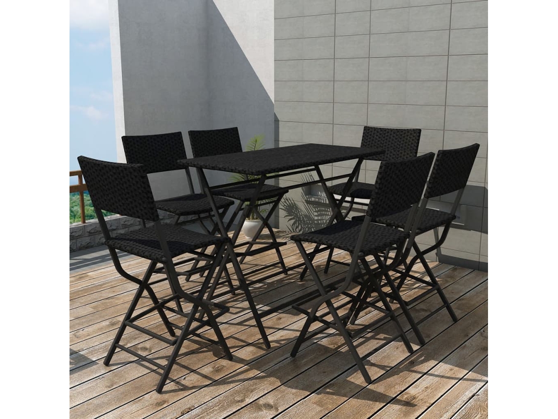 7 Pcs Conjunto De Jantar Dobrável Jardim Aço E Vime Pe Preto Dkd Decoración Del Hogar