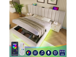 Cama De 160x200 Cm Con Iluminación Led, Almacenamiento, Usb-c, Somier De Láminas De Lino Beige, Mesita De Noche No Incluida.