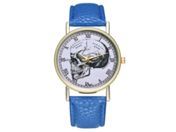 Reloj De Pulsera Unisex De Moda Con Correa De Piel Sintética, Estampado De Calavera, Números Romanos, Azul Real.