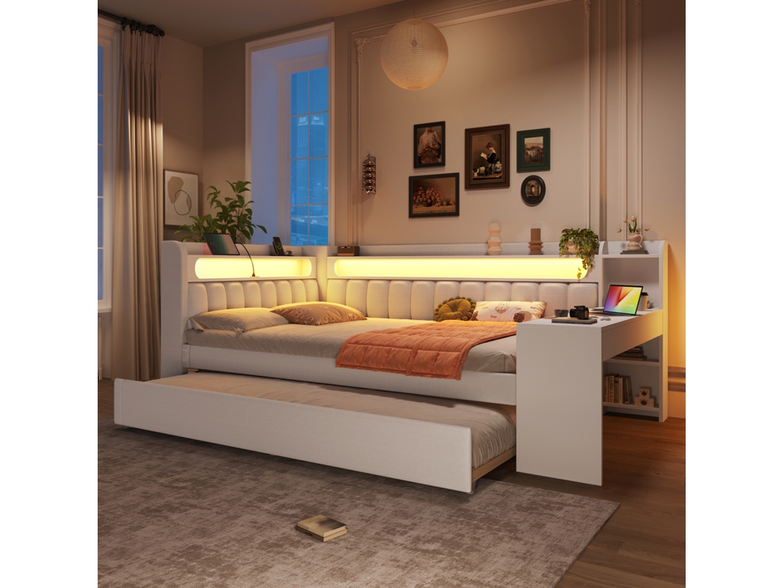Sofá Cama Blanco De 140x200 Cm Con Escritorio, Cama Auxiliar, Usb, Iluminación Led Y Funciones Prácticas.