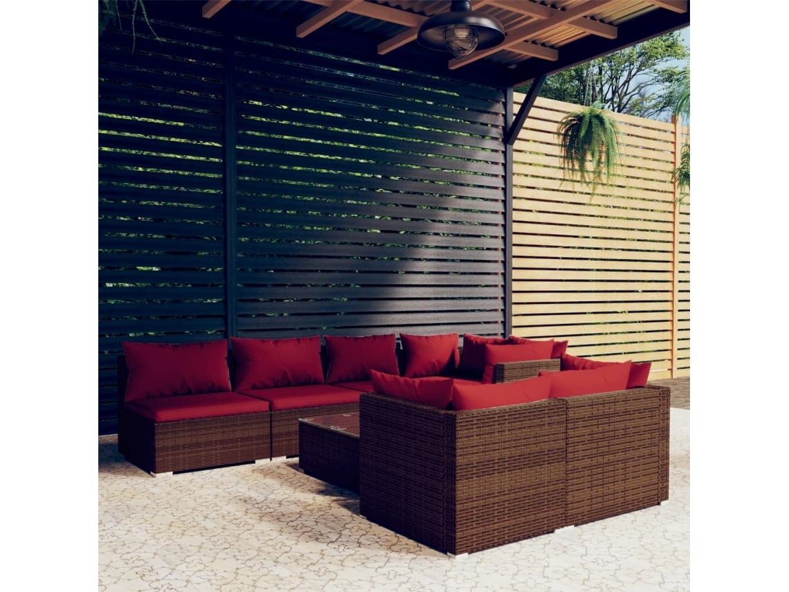 8 Piezas Conjunto Lounge Jardim C/ Almofadões Vime Pe Marrom Dkd Decoración Del Hogar
