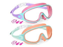 Gafas de natación antivaho 2100 versión infantil - Rosa-Verde Transparente + Naranja-Verde Transparente (Pinza nasal + Tapones para los oídos + Estuche)