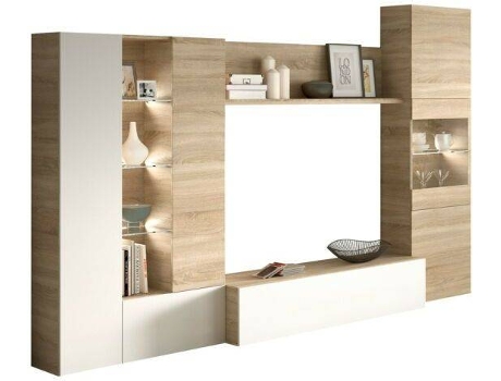 Habitdesign Mueble De comedor leds salon modelo essential acabado en blanco brillo y roble canadian medidas 260 cm ancho 185 alto 42 fondo modular conjunto tv fores 260x185x42cm