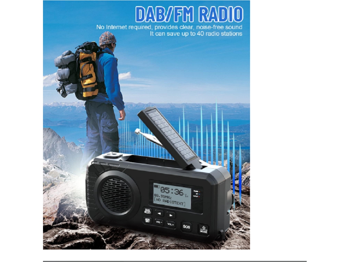 Radio DAB portátil con manivela, energía solar, Bluetooth, FM, alarma SOS, batería externa de 5000 mAh y lámpara de lectura de emergencia Viewleaf.