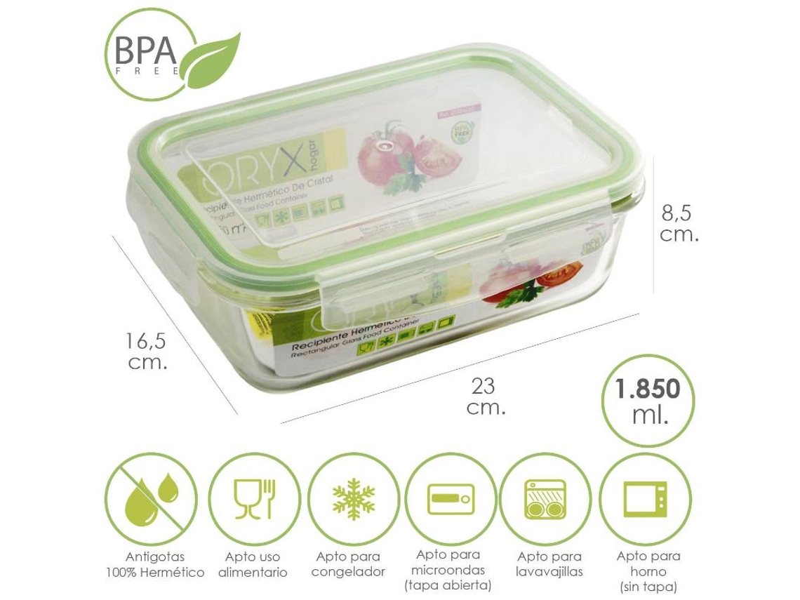 Recipiente Hermetico Cristal Rectangular 1850 ml. 23 x 16.5 x 8.5 (alt) cm ORYX
