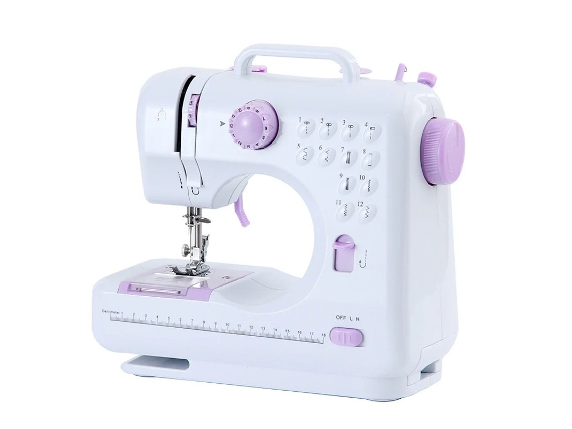 Máquina de coser eléctrica portátil Yizhood con 12 puntadas integradas, 2 velocidades, pedal y luz blanca y morada.