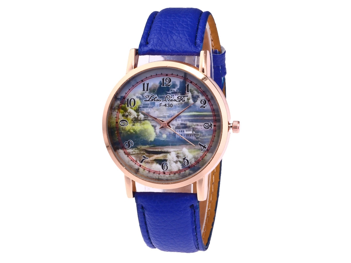 Reloj De Cuarzo Con Correa De Cuero Pu Moda Para Mujer Dial Redondo Azul Real