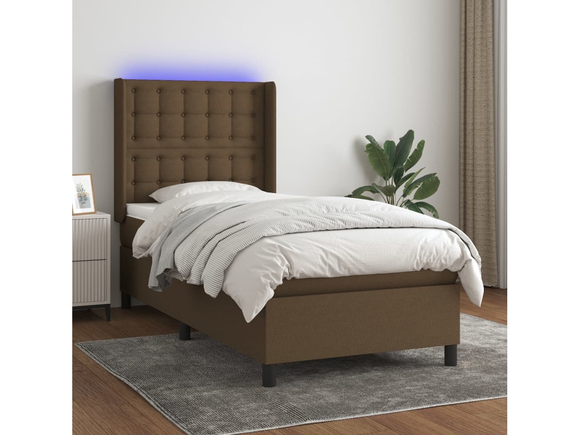 Cama Box Spring Colchón Y Luces Led Tela Marrón Oscuro 80x200cm