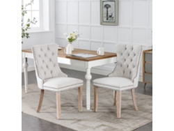 Juego de 2 sillas de comedor MOBRIO tapizadas en lino, modernas, respaldo capitoné y patas de madera beige.
