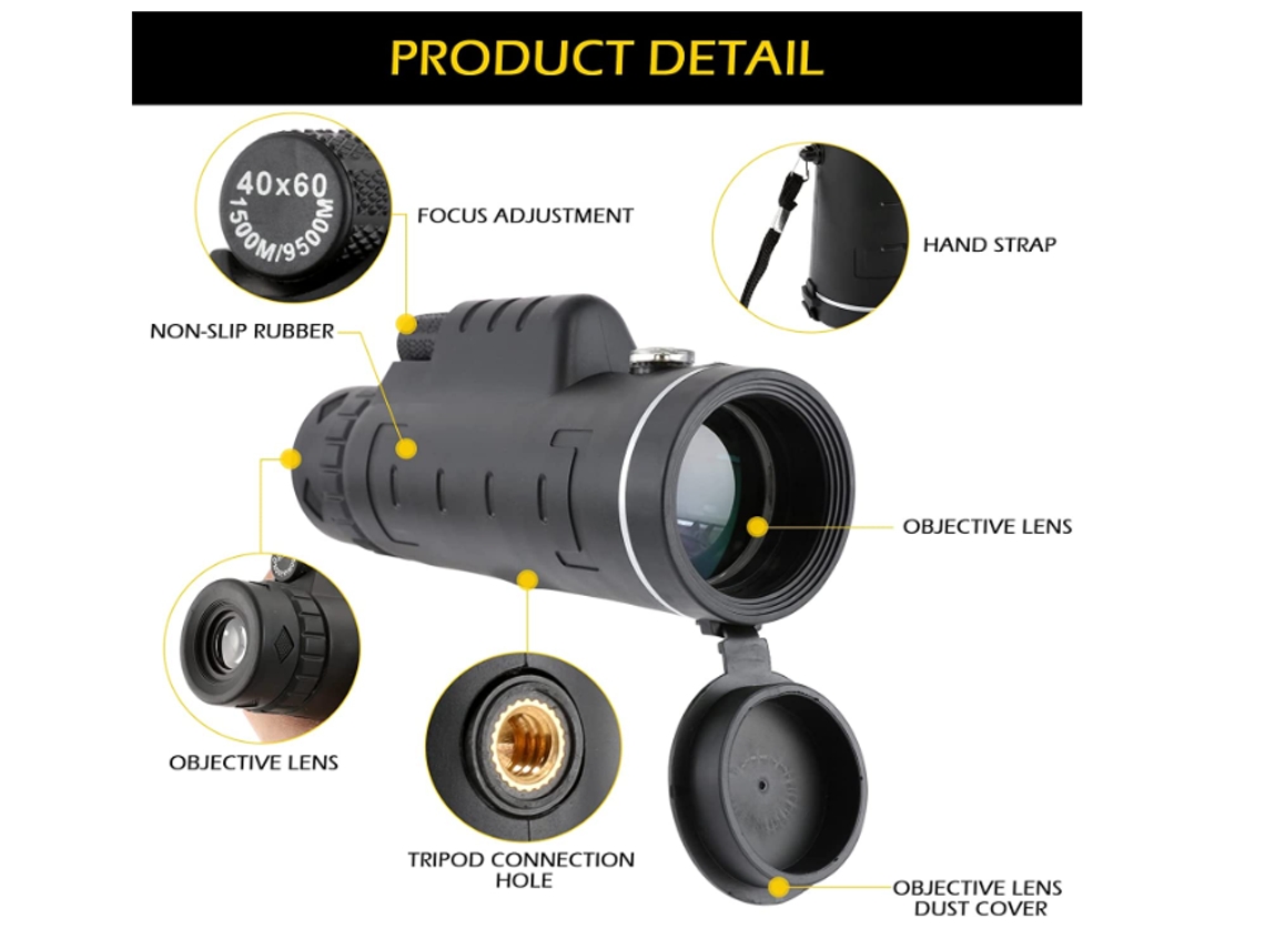 Telescopio monocular 40x60, HD, de alta potencia, resistente al agua, negro Bestvite