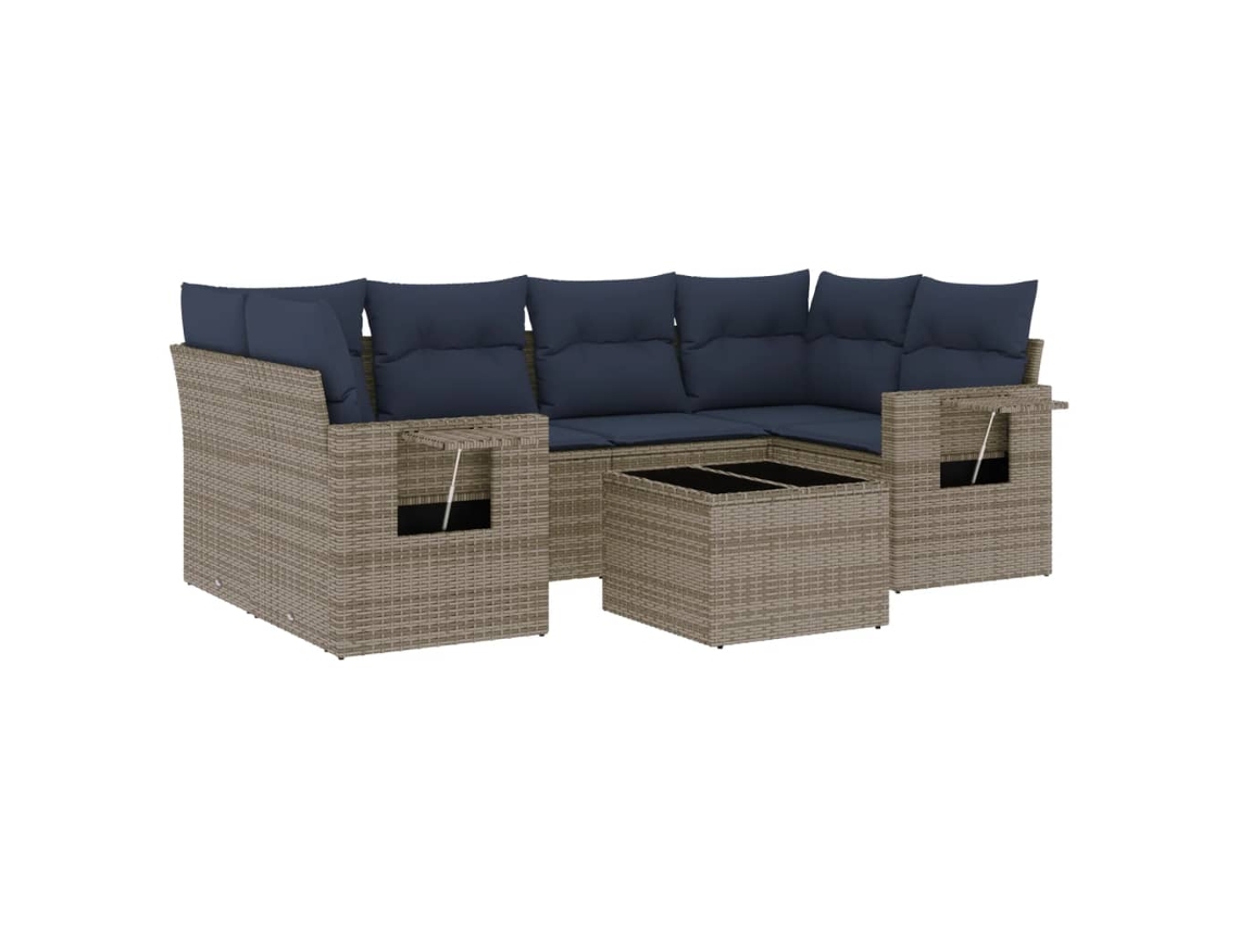 Conjunto de sofá de jardín de 7 piezas con cojines, ratán gris. EXCLUSIVO DE MAISON.