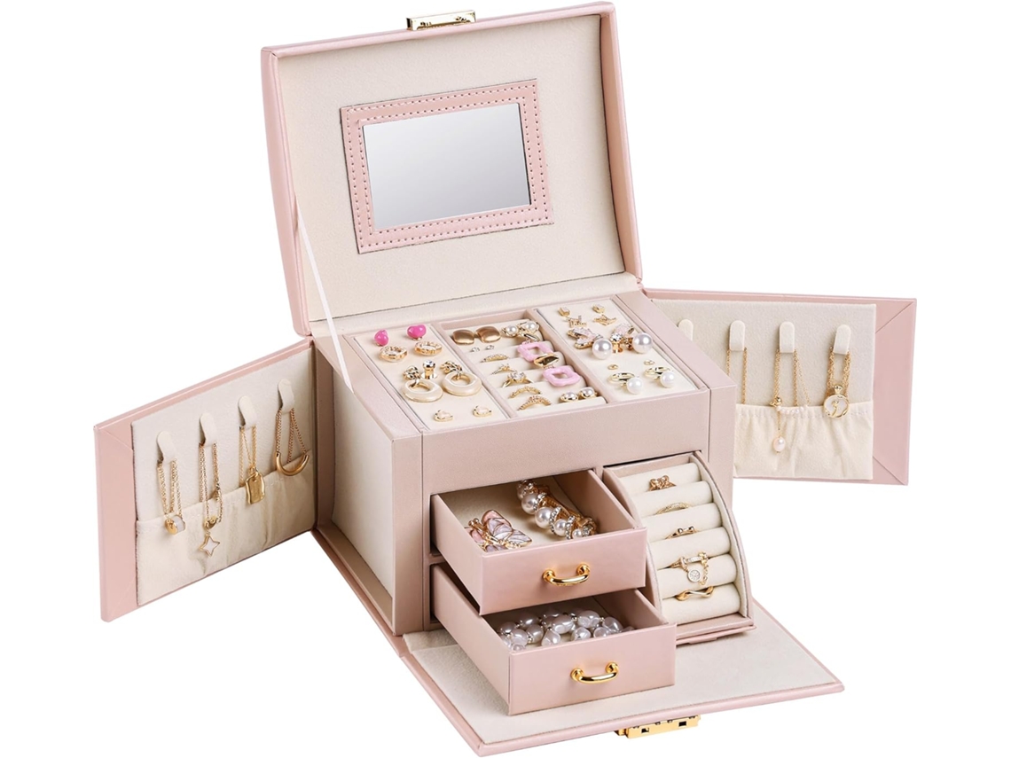 Joyero De Piel Sintética Para Mujer Con Espejo Para Pulseras, Pendientes, Anillos Y Collares (Rosa) GERTIZ