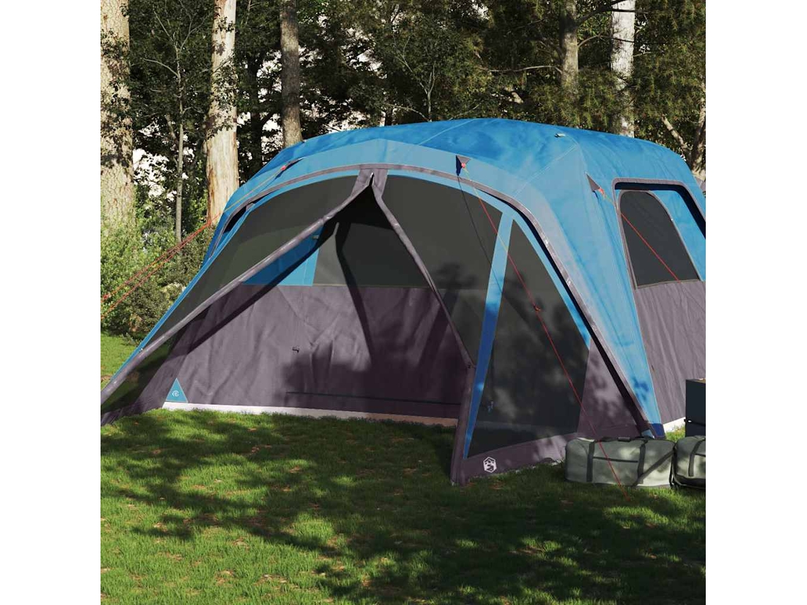 Tienda de campaña familiar con toldo para 6 personas, impermeable, azul.
