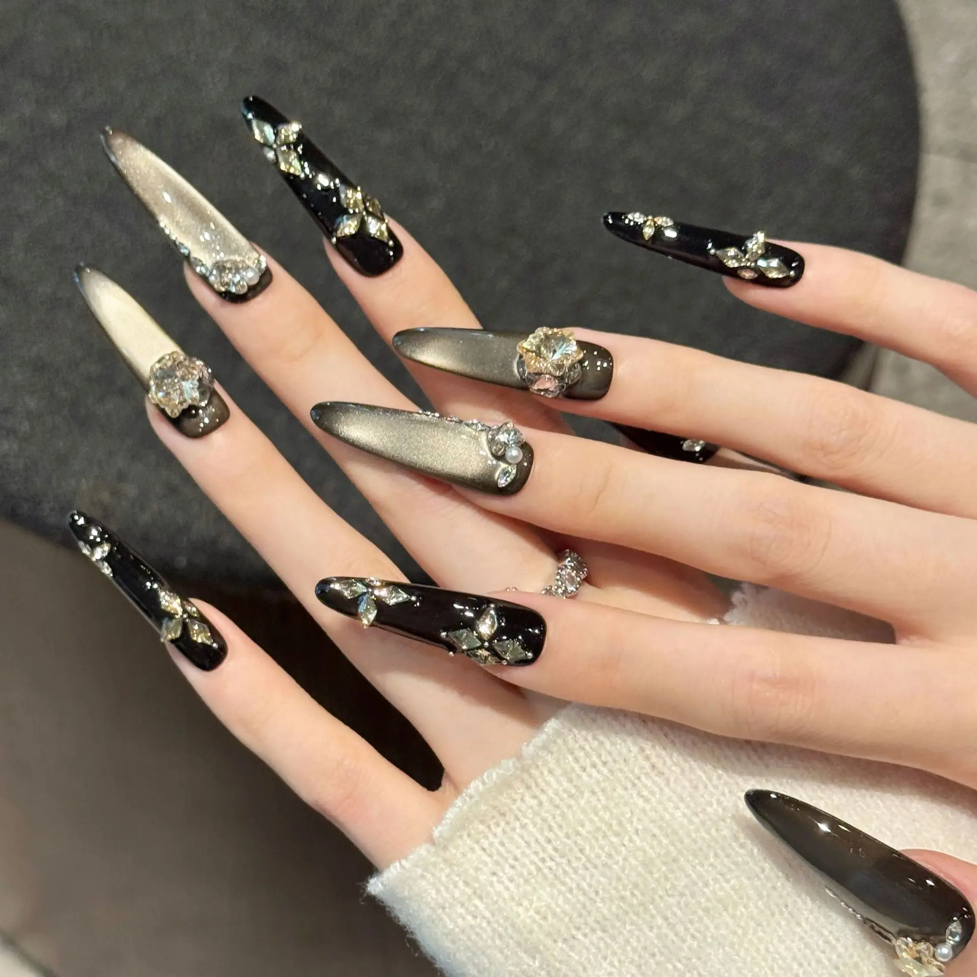 (3215-xs) Uñas Postizas Negras Estilo Ojo De Gato, Hechas A Mano, 10 Piezas, Manicura De Presión.