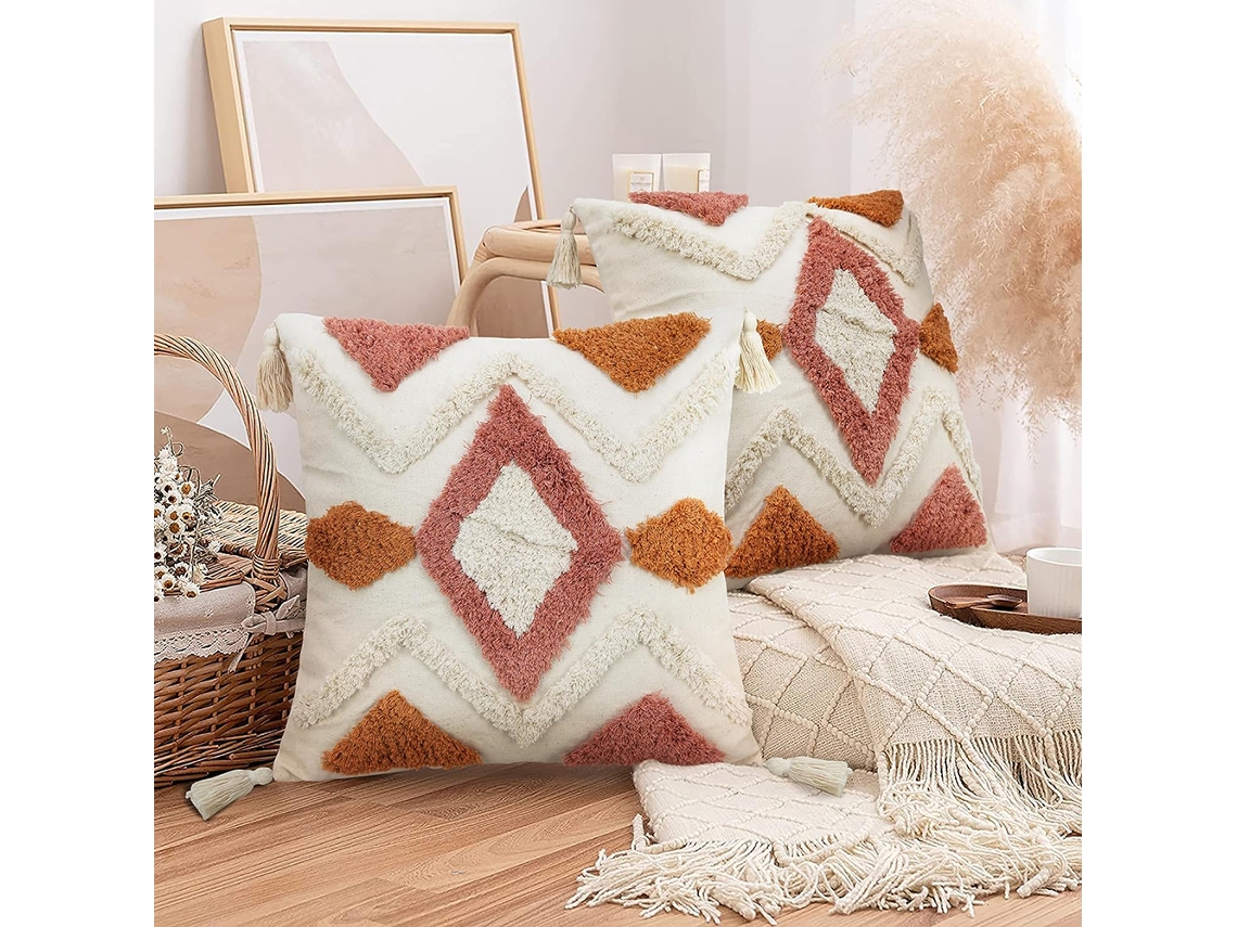 Juego De 2 Fundas De Cojín Boho 45x45 Cm Con Flecos Y Cremallera Oculta