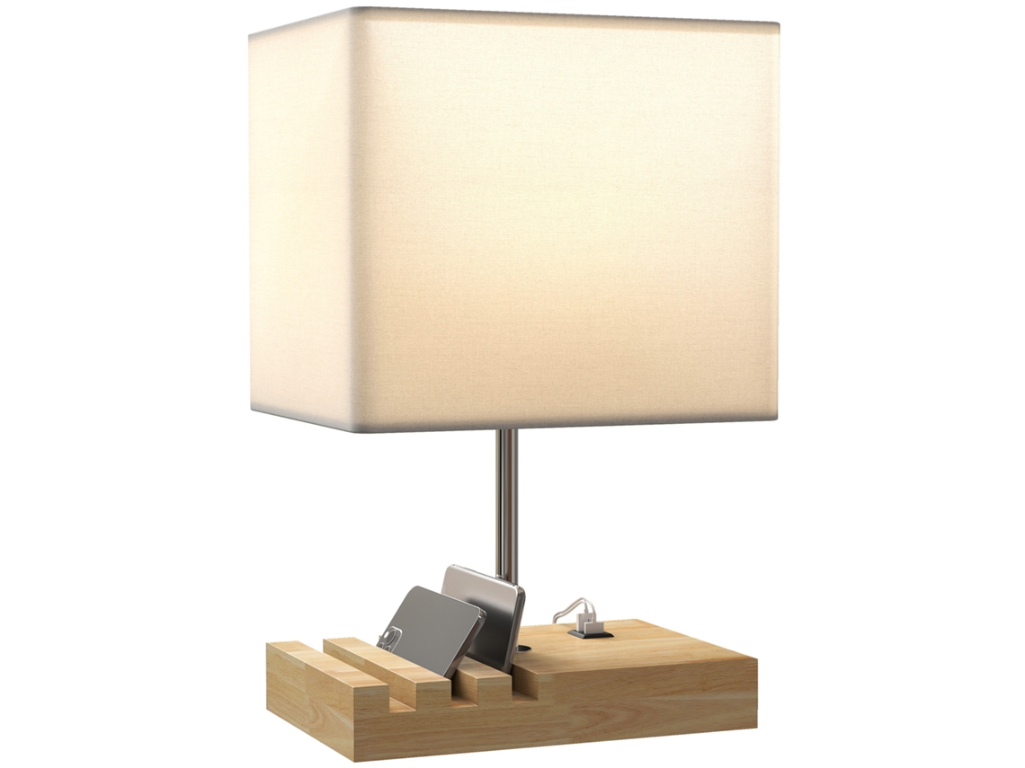 Lámpara de mesa con puertos USB, tres compartimentos para teléfonos móviles, base de madera y pantalla de tela, color blanco. ZENCORE SERVICES