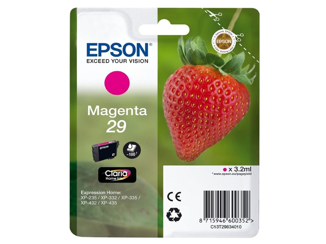 Cartucho de tinta original EPSON, 29, Fresa 3,2 ml , Magenta, Estándar, C13T29834012, T2983