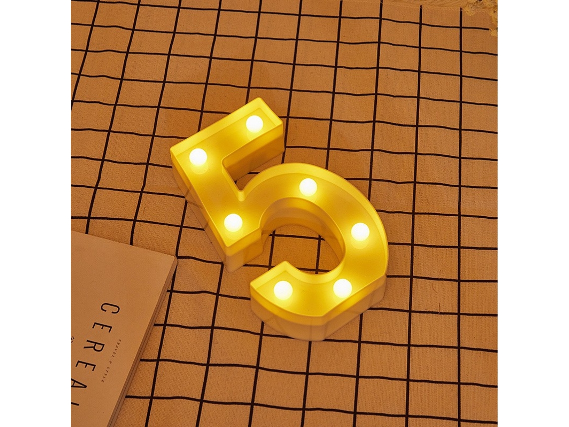 Letra LED 5 Número Iluminado con Luz Blanca Cálida, Altura 22cm, Funcionamiento a Pilas 2*AA