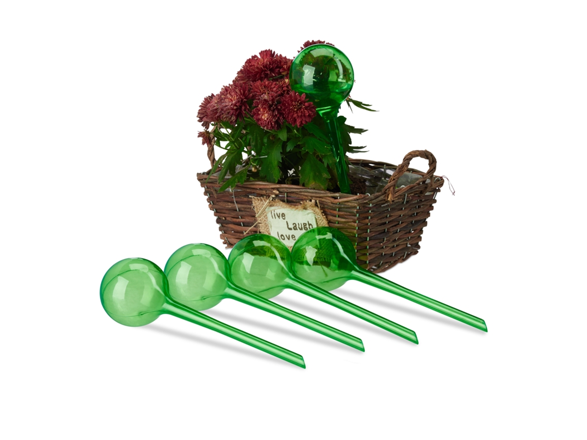 Relaxdays Juego 5 Globos Riego Para Plantas Interior, Biberones Regar Flores, Plástico, 28x8cm, Verde