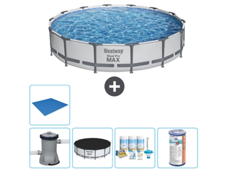 Piscina BESTWAY Round Steel Pro MAX - 427 x 84 cm - Gris - Bomba incluida Cubrir - Paquete de mantenimiento - Filtrar - Suelo