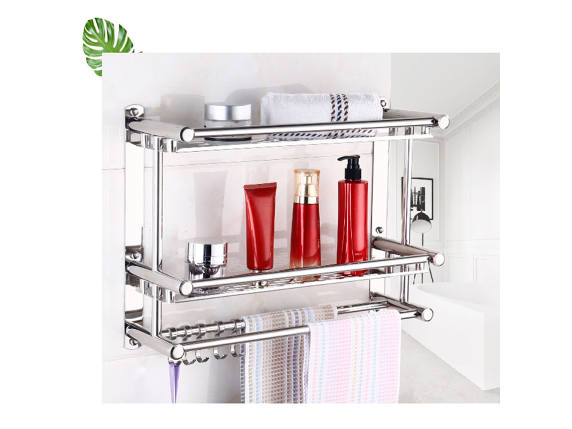 Organizador de baño de 2 niveles y organizador de almacenamiento para ducha colgante con 2 toalleros y 5 ganchos. Estante de ducha de acero inoxidable que nunca se oxida.