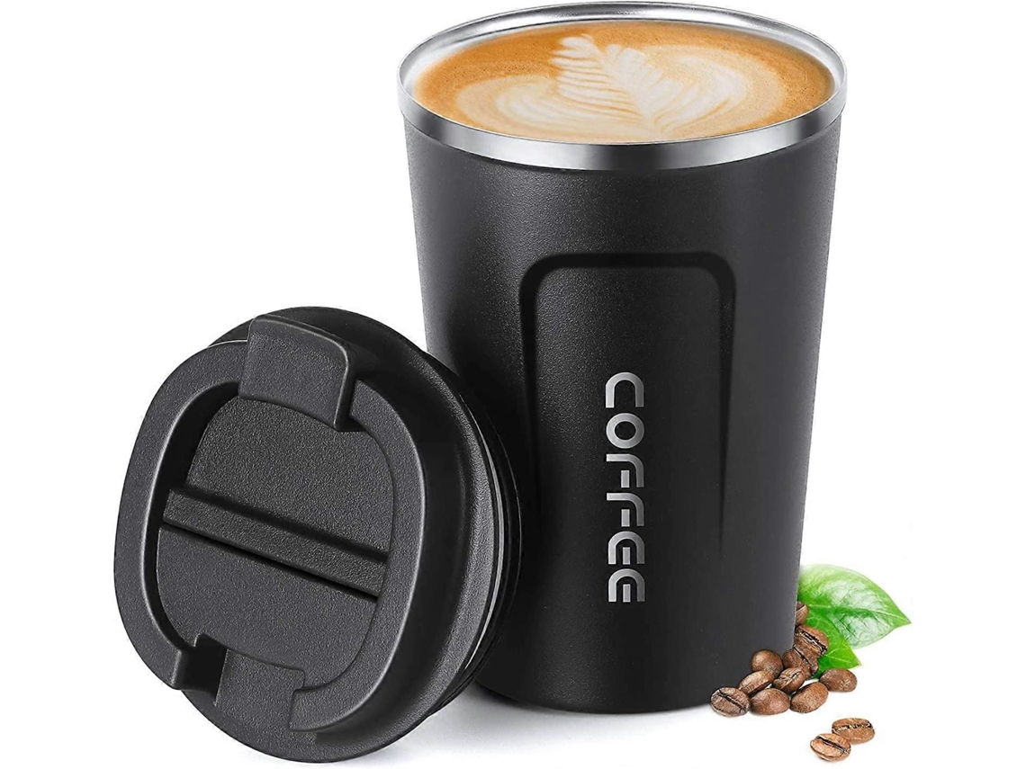 Taza De Café Aislada De Acero Inoxidable 13oz, Viaje Con Doble Pared Y Vacío, Termo Anti- Derrame Negro