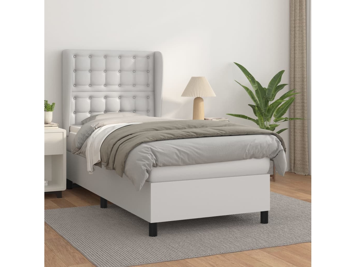 Cama box spring con colchón cuero sintético blanco 90x190 cm