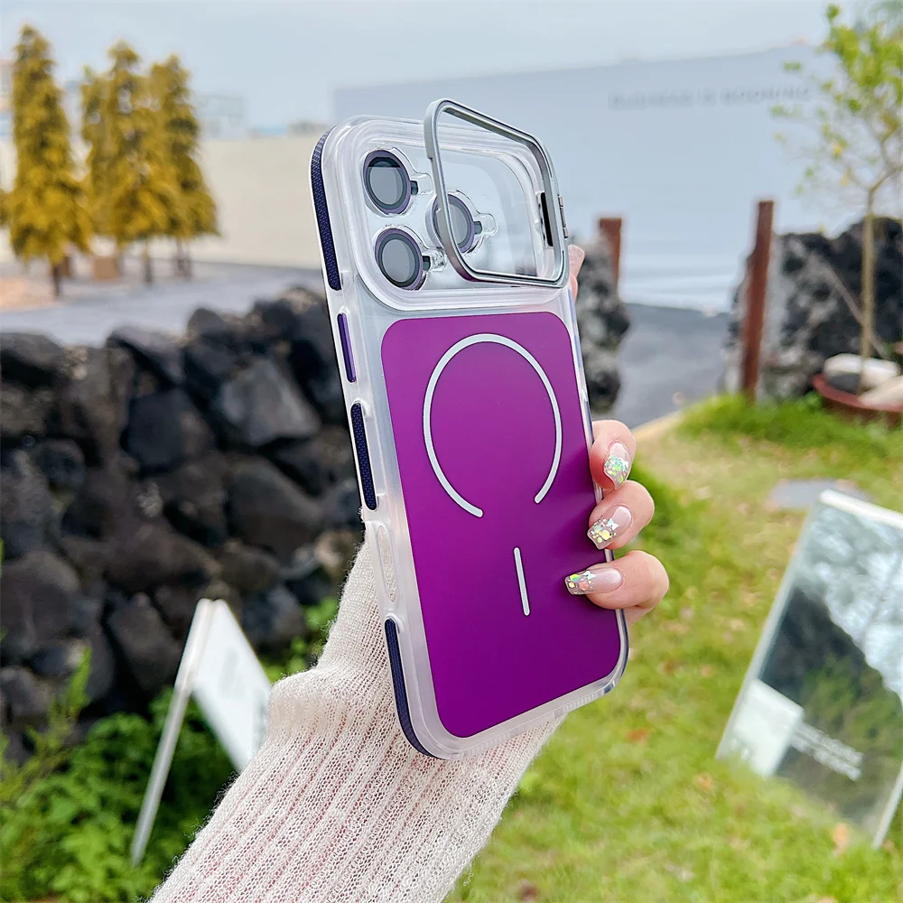 (iphone 15 Pro Max, Morado) Funda Magnética Transparente Magsafe Para Iphone Con Protector De Lente