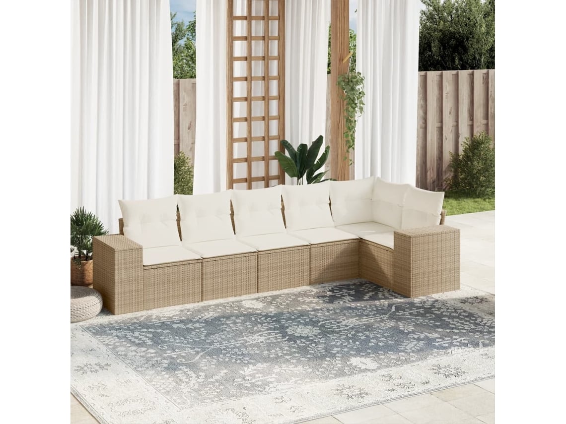 Conjunto de sofá de jardín de 6 piezas con cojines, mimbre sintético beige, Dkd Home Decor