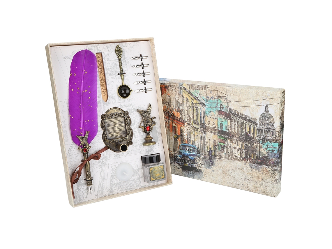Pluma estilográfica clásica con diseño de reptil, set de regalo navideño color morado.