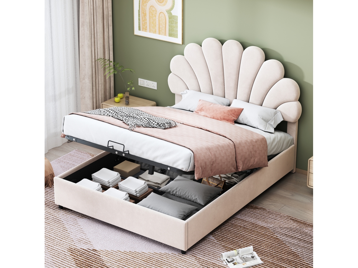 Cama Tapizada En Color Beige De 140x200 Con Cabecero Hidráulico Con Estampado Floral.