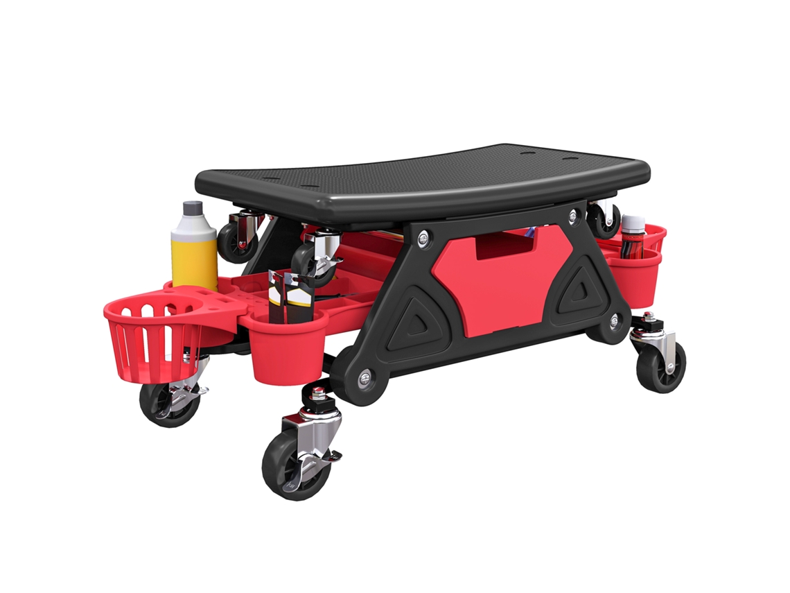 Taburete de taller rojo con ruedas, 33 cm de altura, asiento extraíble con compartimento de almacenamiento, capacidad de carga de 135 kg.
