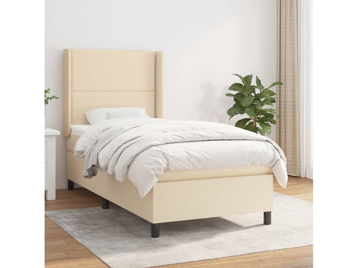 Cama Box Spring Con Colchón Tela Color Crema 90x190 Cm