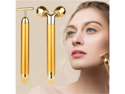 Masajeador Facial 2 En 1 Dorado, Rodillo Eléctrico 3d Y Masajeador En Forma De T Para Rostro, Ojos Y Brazos.