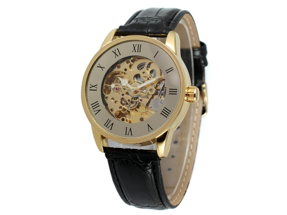 Reloj De Pareja Casual De Cuero Pu Dial Hueco Unisex Automático (amarillo)