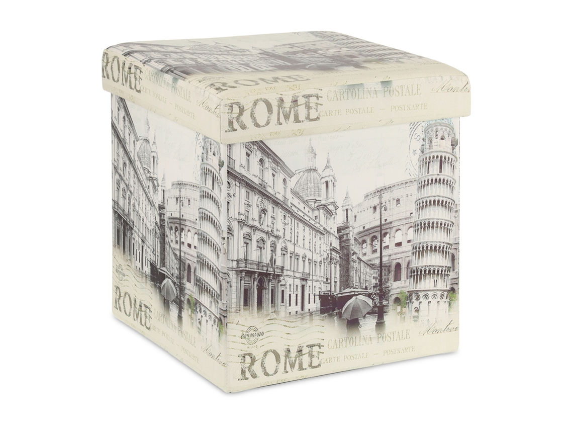 Banco Relaxdays Com Armazenamento, Design Vintage De Postais, Roma, Dobrável, Estofado, Branco, Hbt 38x37,5x37,5 Cm
