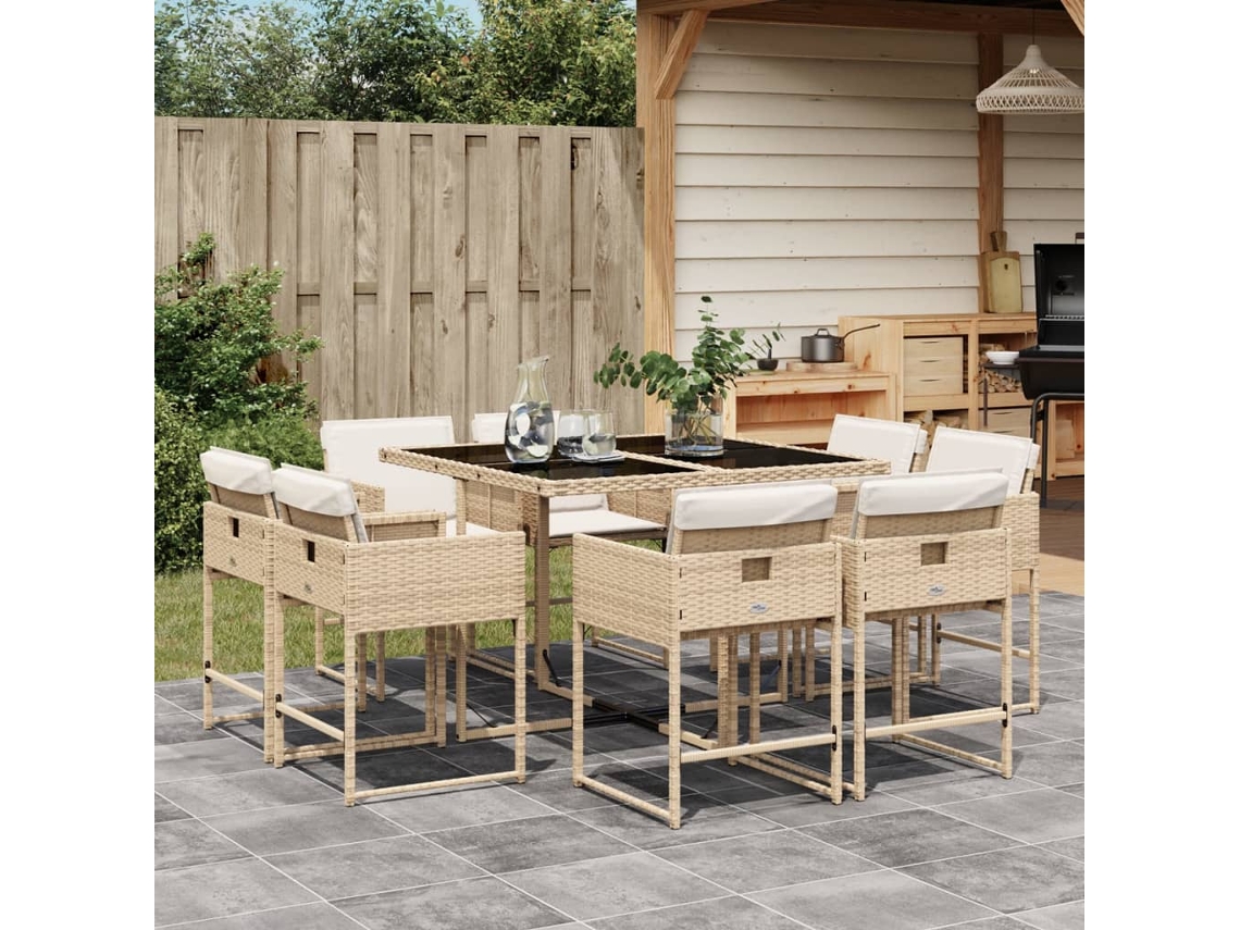 Juego de comedor de jardín de 9 piezas con cojines, mimbre sintético beige, DKD Home Decor