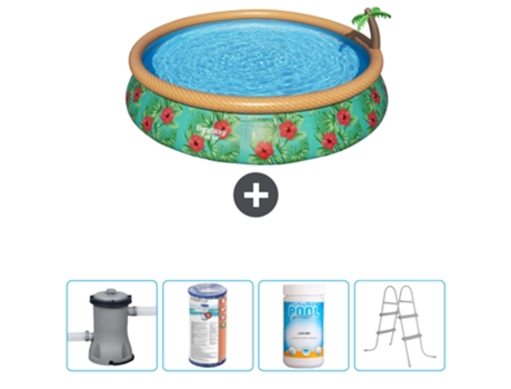 Piscina Hinchable Redonda Fast Set BESTWAY - Estampado Paraíso - 457 x 84 cm - Bomba Incluida Filtrar - Cloro - Escalera