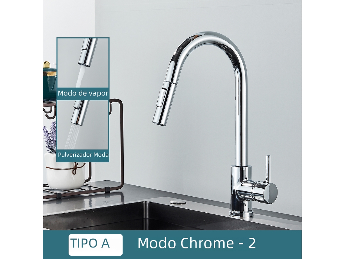Grifo de cocina de doble función en acero inoxidable, monomando con caño extensible para agua caliente y fría MDUG (plateado)